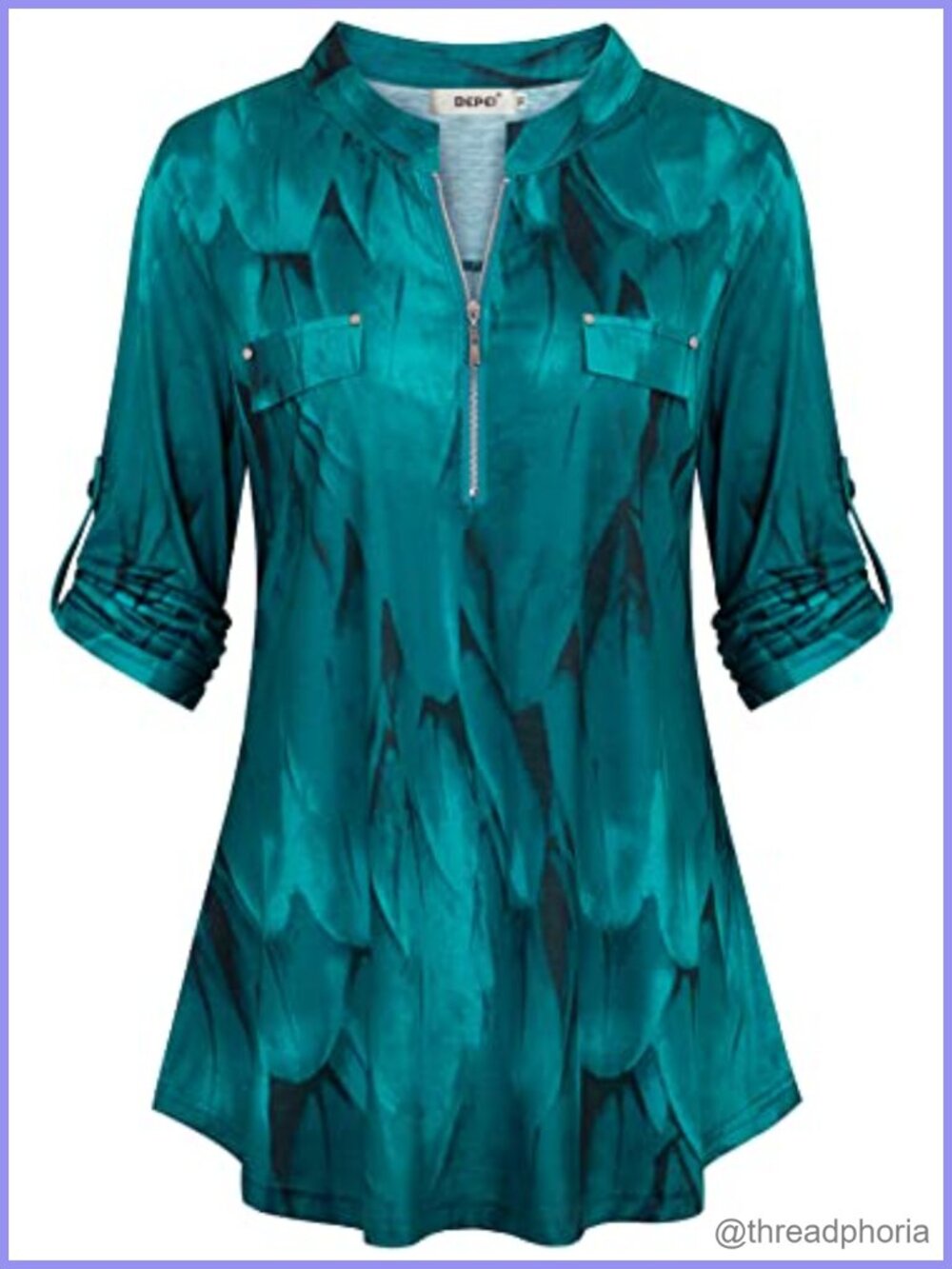 Womens Floral 3/4 Sleeve Zip Up V Neck Office Work Blouse Tunic Top